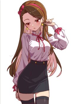1girl absurdres arm_at_side artist_collaboration asymmetrical_bangs b1ack_illust black_skirt black_thighhighs blush bow bowtie breasts brown_hair buttons child collar colored_inner_hair colorized commentary cowboy_shot earrings forehead frilled_collar frills hair_bow hairband hand_in_own_hair high-waist_skirt highres idolmaster idolmaster_(classic) jewelry long_hair long_sleeves looking_down looking_to_the_side minase_iori multicolored_hair niwatorimushi open_mouth pink_bow pink_bowtie pink_hair pink_hairband red_eyes shirt simple_background skirt small_breasts solo standing straight_hair thighhighs white_background white_shirt wrist_bow zettai_ryouiki