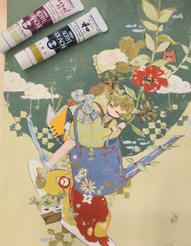 1girl absurdres acrylic_paint_(medium) bag blonde_hair book bouquet child cloud commentary_request dress floral_background flower from_above full_body highres holding karintoun looking_down original outdoors painting_(medium) photo_(medium) plant shoes short_hair socks surreal traditional_media watering_can