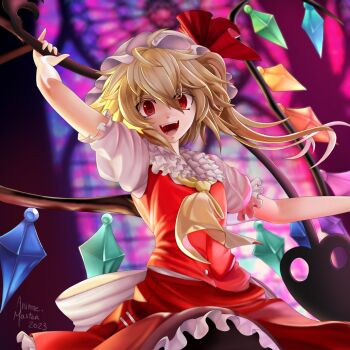 1girl :d animemaster artist_name ascot back_bow blonde_hair bow collar commentary crystal crystal_wings dated english_commentary fangs flandre_scarlet frilled_collar frilled_skirt frilled_sleeves frills hair_between_eyes hat highres holding holding_weapon indoors laevatein_(touhou) looking_at_viewer mob_cap open_mouth puffy_short_sleeves puffy_sleeves red_eyes red_shirt red_skirt red_vest ribbon shirt short_hair short_sleeves side_ponytail skirt smile solo teeth touhou vest weapon white_bow wings yellow_ascot