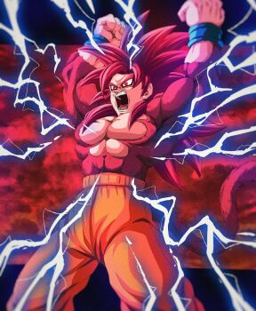 1boy body_fur bure_(fantasticyouth7) cowboy_shot dragon_ball dragon_ball_daima electricity highres long_hair monkey_tail muscular muscular_male open_mouth orange_pants pants red_eyes red_fur red_hair red_tail screaming solo son_goku spiked_hair super_saiyan super_saiyan_4 tail topless_male