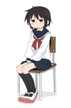 Rule 34 | 1girl, between legs, black hair, black socks, blue sailor collar, blue skirt, blush, chair, closed mouth, embarrassed, female focus, flat chest, full body, half-closed eyes, hand between legs, have to pee, kneehighs, large variant set, legs together, long sleeves, looking afar, miniskirt, neckerchief, nose blush, on chair, original, own hands together, pleated skirt, ponnu (tnpn2yw), raised eyebrows, red eyes, red neckerchief, red shoes, sailor collar, school chair, school uniform, serafuku, shirt, shoes, short hair, sidelocks, sitting, skirt, socks, solo, split mouth, v arms, variant set, white shirt