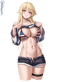 Rule 34 | 1girl, american flag, american flag bikini, american flag print, artist name, bare shoulders, bikini, black shorts, blonde hair, blush, breasts, collarbone, commentary request, cropped legs, ebifurya, flag print, flag print bikini, fur-trimmed shorts, fur trim, hair between eyes, highres, iowa (kancolle), iowa (setsubun) (kancolle), kantai collection, large breasts, lifting own clothes, long hair, looking at viewer, navel, official alternate costume, one-hour drawing challenge, open clothes, open shorts, print bikini, shirt, shorts, sidelocks, simple background, skindentation, solo, star-shaped pupils, star (symbol), stomach, swimsuit, symbol-shaped pupils, thigh strap, thighs, torn clothes, torn shorts, twitter username, white background, white shirt