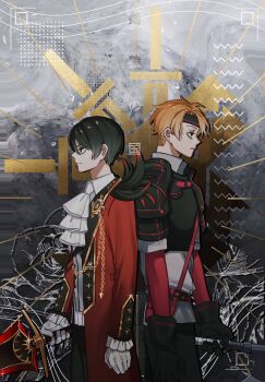 2boys armor axe battle_axe black_armor black_eyes black_hair black_pants feathers headband highres jouge2983 long_sword multiple_boys orange_hair pants re:zero_kara_hajimeru_isekai_seikatsu side-by-side todd_fang vincent_vollachia vollachia weapon