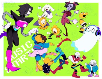 1other 4boys 4girls =_= ^_^ alphys android arthropod_girl asgore_dreemurr ballet_slippers black_hair boots bow closed_eyes dancing extra_arms flower flowey_(undertale) frisk_(undertale) full_body ghost gloves green_background hair_bow hand_on_own_hip headphones high_heel_boots high_heels highres holding holding_hands holding_teapot insect_girl kanianoreki knee_boots mad_dummy_(undertale) mettaton mettaton_ex microphone muffet multiple_boys multiple_girls music musical_note napstablook open_mouth outstretched_arms papyrus_(undertale) pink_skirt purple_boots sans_(undertale) short_hair short_twintails singing skirt spider_girl spoken_musical_note standing teapot toriel twintails undertale undyne utdr_(toby_fox) white_gloves