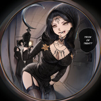 4girls alcina_dimitrescu bela_dimitrescu black_dress black_gloves black_hair black_thighhighs blood_on_mouth breasts cassandra_dimitrescu cleavage daniela_dimitrescu dress english_text faceless faceless_female forehead_tattoo garter_straps gloves hat highres holding holding_sickle hood large_breasts leaning_forward long_hair looking_at_viewer mother_and_daughter multiple_girls resident_evil resident_evil_village sickle speech_bubble tall_female tattoo thighhighs trick_or_treat white_dress wonnikon yellow_eyes