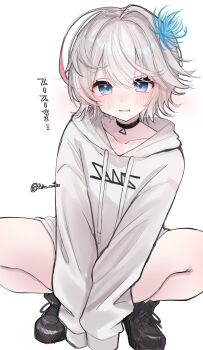 1girl blue_eyes blush choker collarbone covering_crotch covering_privates grey_hair hair_ornament highres hood hoodie monster_strike nibo_shia sanzu_(monster_strike) short_hair simple_background solo spread_legs squatting