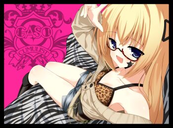 1girl 2000s_(style) :3 :d absurdres animal_print belt black_belt black_boots black_border blonde_hair blue_eyes boots border brown_cardigan camisole cardigan cardigan_partially_removed chain cosgaso couch denim denim_shorts facial_mark feet_out_of_frame from_above glasses gold_chain gyaru hand_up highres l_hand leopard_print long_hair marking_on_cheek off_shoulder on_couch open_mouth original pink_background red-framed_eyewear semi-rimless_eyewear shorts sitting smile solo star_(symbol) star_facial_mark under-rim_eyewear zebra_print