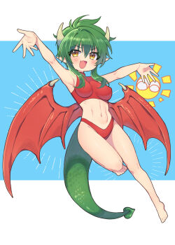 1girl ^_^ arms_up barefoot bikini blue_background blush border breasts brown_eyes closed_eyes commentary draco_centauros dragon_girl dragon_horns dragon_tail dragon_wings emphasis_lines english_commentary fang floating_hair green_hair hair_between_eyes highres horns looking_at_viewer medium_breasts messy_hair midriff navel open_mouth pointy_ears puyo_(puyopuyo) puyopuyo puyopuyo_sun reaching reaching_towards_viewer red_bikini red_wings running short_hair simple_background skin_fang smile solo sun_with_face swimsuit tail v-shaped_eyebrows white_border wings yomoi