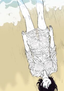 1girl absurdres beach black_hair chainsaw_man dress_shirt feet_out_of_frame green_eyes highres lying naked_shirt on_back on_ground outdoors reze_(chainsaw_man) scene_reference senaka_look shirt solo upside-down waking_up wet wet_clothes wet_shirt white_shirt