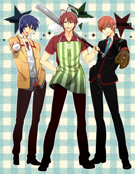 Rule 34 | 00s, 10s, 3boys, angel beats!, antenna hair, apron, bad id, bad pixiv id, baseball, baseball bat, baseball glove, black pants, blue eyes, blue hair, brown eyes, brown hair, cigarette, clannad, company connection, crossover, furukawa akio, highres, hinata hideki, jamijami, key (company), little busters!, male focus, multiple boys, natsume kyousuke, pants, plaid background, red eyes, school uniform, short hair