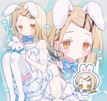 1girl absurdres animal_ears arm_cuffs blonde_hair blue_bow blue_bowtie blush bow bowtie chibi closed_mouth colored_eyelashes commentary_request dress earrings frilled_dress frills gakuen_idolmaster gradient_hair grey_hair hair_ornament hairclip halter_dress halterneck heart highres holding holding_stuffed_toy idolmaster jewelry knees_up long_hair looking_at_viewer multicolored_hair multiple_views orange_eyes parallel_hairclips parted_bangs rabbit_ears satou_uyu shinosawa_hiro short_dress sitting smile stud_earrings stuffed_animal stuffed_rabbit stuffed_toy thighhighs white_dress white_thighhighs