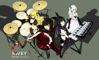 4girls artist_name band_(music) bass_guitar bat_wings bikini black_feathers black_hair black_legwear blake_belladonna blonde_hair blue_eyes boots bow breasts cape cleavage copyright_name cross dated dress drum drum_set elbow_gloves feathers fingerless_gloves flower gloves guitar hair_bow hat instrument jewelry keyboard_(instrument) long_hair medium_breasts micro_bikini multiple_girls pantyhose petals ponytail purple_eyes rose rose_petals ruby_rose rwby scarf short_hair striped_clothes striped_legwear striped_thighhighs swimsuit thighhighs ukiing vertical-striped_clothes vertical-striped_thighhighs weiss_schnee white_hair wings yang_xiao_long yellow_eyes