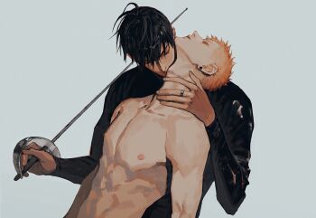 19_tian 2boys abs adam&#039;s_apple black_bodysuit black_hair bodysuit closed_eyes earrings epee hand_on_another&#039;s_neck he_tian holding holding_weapon jewelry kiss kissing_neck male_chest male_focus mo_guan_shan multiple_boys muscular muscular_male old_xian orange_hair ring scar scar_on_neck skin_tight topless_male weapon yaoi