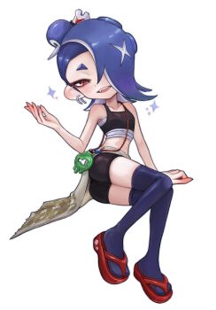 1girl ass bike_shorts blue_hair chest_sarashi collarbone earrings eyeliner fangs full_body hair_over_one_eye head_tilt jewelry looking_at_viewer lying makeup nintendo octoling on_side open_mouth red_eyes sandals sarashi shiver_(splatoon) smile solo sparkle splatoon_(series) splatoon_raiders tank_top tentacle_hair thighhighs user_dfhv7355
