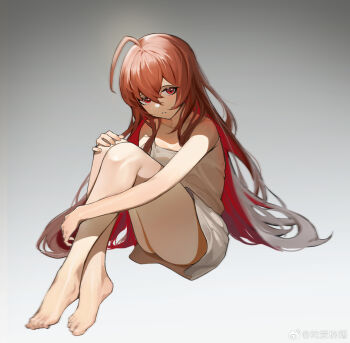 Rule 34 | 1girl, absurdres, ahoge, alchemy stars, bare shoulders, barefoot, brown hair, colored inner hair, dress, eve (alchemy stars), feet, grey background, highres, hugging own legs, knees up, legs, long hair, long legs, looking at viewer, multicolored hair, parted lips, red eyes, se tu miji, short dress, simple background, sitting, sleeveless, sleeveless dress, solo, toes, very long hair, watermark, weibo watermark, white dress