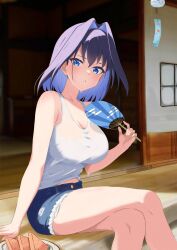 Rule 34 | 1girl, :o, absurdres, bare shoulders, blue eyes, blue hair, blue shorts, breasts, colored inner hair, crossed legs, cutoffs, denim, denim shorts, food, foureyed crow, fruit, hair intakes, hand fan, highres, holding, holding fan, hololive, hololive english, large breasts, looking at viewer, multicolored hair, ouro kronii, paper fan, plate, purple hair, short hair, short shorts, shorts, sitting, solo, tank top, thighs, veranda, virtual youtuber, watermelon, watermelon slice, white tank top, wind chime