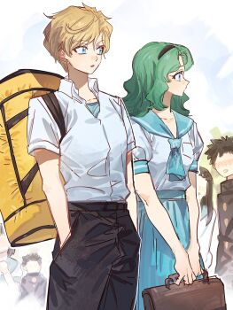 2boys 4girls backpack bag bishoujo_senshi_sailor_moon black_hairband black_jacket black_pants blonde_hair blue_eyes blue_neckerchief blue_sailor_collar blue_skirt breasts brown_bag collared_shirt cow crossdressing crossdressing_(ftm) gakuran green_hair hair_between_eyes hairband hands_in_pockets highres holding holding_bag jacket kaiou_michiru long_hair medium_breasts multiple_boys multiple_girls neckerchief pants parted_bangs puffy_short_sleeves puffy_sleeves sailor_collar school_uniform shirt short_hair short_sleeves skirt ten'ou_haruka undershirt wavy_hair white_shirt yellow_background yumi_xsh