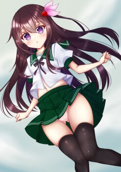 1girl black_thighhighs brown_hair commentary_request cvtm feet_out_of_frame gluteal_fold green_sailor_collar green_skirt hair_ornament highres kantai_collection kisaragi_(kancolle) knees_together_feet_apart long_hair panties pantyshot pink_panties pleated_skirt purple_eyes sailor_collar sailor_shirt school_uniform serafuku shirt skirt solo thighhighs underwear white_shirt
