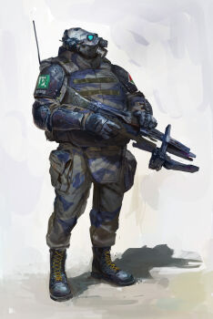1other absurdres armor backpack bag blue-tinted_eyewear boots combine_soldier field_radio full_armor full_body gas_mask gun half-life half-life_(series) half-life_2 highres holding holding_gun holding_weapon looking_to_the_side mask overwatch_standard_issue_pulse_rifle patch radio_antenna solo tinted_eyewear weapon whaleoil