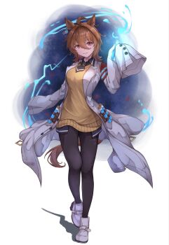 1girl agnes_tachyon_(tach-nology)_(umamusume) agnes_tachyon_(umamusume) ahoge animal_ears ankle_boots black_necktie black_pantyhose black_shirt boots breasts brown_hair buttons coat commentary earrings full_body hair_between_eyes highres holding holding_test_tube horse_ears horse_girl horse_tail huge_ahoge jewelry lab_coat long_sleeves looking_at_viewer medium_breasts medium_hair necktie pantyhose parted_lips peperoncino-sama red_eyes shirt short_hair single_earring sleeves_past_fingers sleeves_past_wrists smile solo sweater tail test_tube umamusume white_boots white_coat yellow_sweater