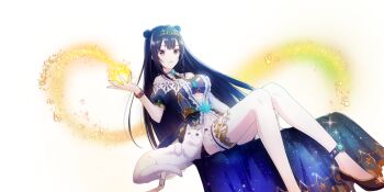 1girl animal anklet bare_shoulders black_shoes blue_dress blue_gemstone breasts cat double-parted_bangs double_bun dress frilled_thigh_strap game_cg gem hair_bun high_heels highres jewelry lapis_re:lights long_hair looking_at_viewer magic medium_breasts navel off-shoulder_dress off_shoulder official_art open_mouth pumps purple_eyes purple_hair shoes simple_background sitting smile solo thigh_strap third-party_source tiara transparent_background white_cat wristband yue_(lapis_re:lights)