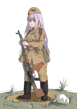 1girl ammunition_pouch aojiao_lin_yuansu bag belt belt_buckle belt_pouch bipod black_boots boots buckle collar_tabs garrison_cap girls&#039;_frontline grass gun hat kalashnikov_rifle light_machine_gun long_hair machine_gun military_combat_uniform military_uniform open_mouth pouch purple_eyes purple_hair red_star rpk rpk-203 rpk-203_(girls&#039;_frontline) shoulder_bag shoulder_boards shoulder_strap soldier soviet soviet_army star_(symbol) weapon