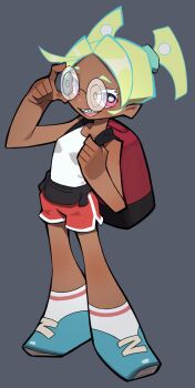 1girl absurdres backpack bag blonde_hair braces breasts coke-bottle_glasses commentary_request dark-skinned_female dark_skin dolphin_shorts fanny_pack flowerpigeon full_body glasses gradient_hair green_hair gunsmith_bitch_(psg) highres looking_at_viewer medium_breasts multicolored_hair panty_&amp;_stocking_with_garterbelt red_shorts shorts smile solo