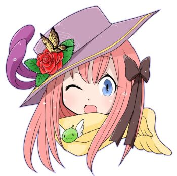 Rule 34 | 1girl, :d, arch bishop (ragnarok online), blue eyes, blush, bow, brooch, brown bow, bug, butterfly, commentary request, flower, hair bow, hat, hat flower, insect, jewelry, long hair, looking at viewer, oekakipikki, one eye closed, open mouth, pink hair, poporing, portrait, purple hat, ragnarok online, red flower, red rose, rose, scarf, simple background, smile, solo, white background, yellow butterfly, yellow scarf
