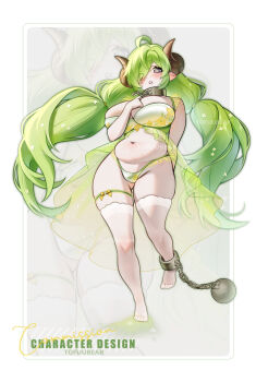 1girl ahoge arm_behind_back artist_name ball_and_chain_restraint blush border breasts commentary english_commentary english_text eyes_visible_through_hair floral_print floral_print_bikini green_hair highres horns huge_breasts large_breasts long_hair looking_at_viewer mole mole_on_stomach mole_on_thigh mole_under_mouth navel original outside_border parted_lips plump print_bikini solo thick_thighs thighhighs thighs tofuubear very_long_hair watermark white_border zoom_layer