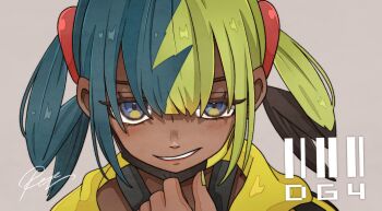 1girl black_mask blonde_hair blue_eyes blue_hair canari_(pokemon) dark-skinned_female dark_skin grey_background hawkbrdg highres jacket looking_at_viewer mask mask_pull mouth_mask multicolored_eyes multicolored_hair nintendo pokemon pokemon_legends:_z-a short_twintails smirk solo split-color_hair twintails two-tone_eyes two-tone_mask yellow_eyes yellow_jacket yellow_mask yellow_nails
