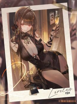 Rule 34 | 1girl, absurdres, ahoge, ame jang, armlet, black dress, blunt bangs, breasts, cleavage, commentary, cup, dress, dsr-50 (girls' frontline), earrings, girls' frontline, girls' frontline 2: exilium, hair ornament, highres, jewelry, large breasts, long hair, looking at viewer, loreley (girls' frontline 2), red eyes, smile, very long hair