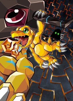 agumon digimon digimon_(creature) fire green_eyes greymon highres red_eyes skullgreymon