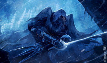 1other absurdres armor artist_name beak cloak commentary corvian_knight dark_souls_(series) dark_souls_iii english_commentary glint highres holding holding_needle holding_sword holding_weapon hood hooded_cloak inktober needle outdoors snow solo standing sword temmaru1 torn_cloak torn_clothes weapon winter
