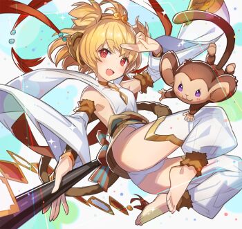 10s 1boy 1girl :3 andira_(granblue_fantasy) animal_ears ass bare_shoulders barefoot blonde_hair breasts detached_pants detached_sleeves erune fang fang_out feet from_below granblue_fantasy hair_ornament highres looking_at_viewer monkey monkey_ears monkey_girl monkey_tail red_eyes saitou_naoki short_hair sideboob small_breasts smile staff tail thighhighs thighs toes white_thighhighs wide_sleeves