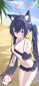 Rule 34 | 1girl, absurdres, animal ear fluff, animal ears, bare shoulders, beach, bikini, black bikini, black hair, blue archive, blue ribbon, blush, breasts, cat ears, cat girl, cleavage, clenched hand, collarbone, commentary, covering breasts, covering privates, cowboy shot, crossed bangs, day, doodle sensei (blue archive), extra ears, frilled bikini, frills, furrowed brow, hair between eyes, hair intakes, hair ribbon, halo, halterneck, hand up, hetero, highres, leaning forward, long hair, medium breasts, nammmmer, navel, ocean, off-shoulder bikini, off shoulder, official alternate costume, outdoors, palm leaf, parted lips, pink halo, pink pupils, pov, red eyes, ribbon, sensei (blue archive), serika (blue archive), serika (swimsuit) (blue archive), shy, sidelocks, slit pupils, solo, spoken character, stomach, straight hair, sunlight, swimsuit, thighs, thumbs up, tsurime, twintails, variant set, very long hair, wet