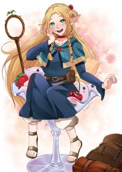 1girl :d aqua_capelet artist_name backpack bag belt beneceadraws blonde_hair blue_dress blush braid braided_sidelock brown_belt capelet cherry choker collarbone dress dungeon_meshi elf feet food forehead fruit full_body green_eyes hair_ornament hand_on_own_cheek hand_on_own_face hand_up highres hood hooded_capelet long_hair long_sleeves looking_at_viewer marcille_donato open_mouth parfait parted_bangs pink_background pointy_ears pouch puffy_pants red_choker sandals signature sitting smile solo sprout staff strawberry toenails toes unworn_backpack unworn_bag very_long_hair
