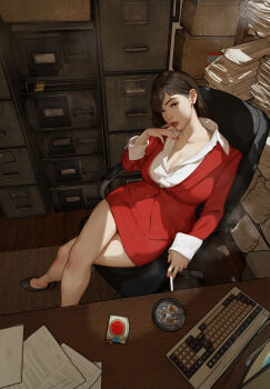 1girl absurdres ashtray avatar_legends bare_legs black_shoes breasts brown_hair character_request cigarette cigarette_pack cleavage collarbone computer_keyboard copyright_request crossed_legs day desk diathorn expressionless from_above full_body half-closed_eyes head_tilt highres indoors jacket large_breasts lips long_hair long_sleeves looking_at_viewer nose office_lady paper pema_(the_legend_of_korra) realistic red_jacket red_lips red_nails red_skirt shirt shoes skirt sleeves_past_wrists solo the_legend_of_korra white_shirt