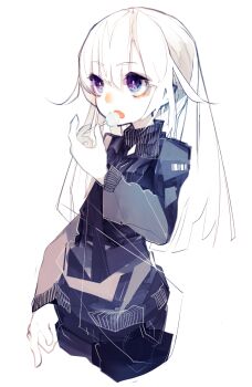 Rule 34 | 1girl, blue jacket, candy, commentary request, food, highres, holding, jacket, long hair, long sleeves, looking at viewer, open mouth, original, portrait, purple eyes, riuichi, simple background, solo, standing, swept bangs, upper body, white background, white hair