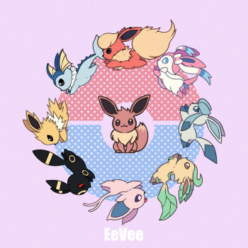 absurdres black_eyes blue_eyes bright_pupils brown_eyes closed_mouth eevee espeon flareon full_body gen_1_pokemon gen_2_pokemon gen_4_pokemon gen_6_pokemon glaceon highres jolteon leafeon nintendo no_humans pink_background pokemon pokemon_(creature) red_eyes running simple_background sitting sylveon u_tei umbreon vaporeon white_pupils