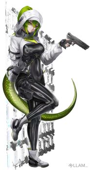 Rule 34 | 1girl, absurdres, arknights, arknights: endfield, arm behind back, black bodysuit, black gloves, bodysuit, breasts, closed mouth, cropped jacket, fingerless gloves, fluorite (arknights), full body, gloves, green eyes, green hair, gun, hair between eyes, handgun, highres, holding, holding gun, holding weapon, hood, hood up, hooded jacket, jacket, kafu (kafu6416), long hair, long sleeves, looking at viewer, ponytail, simple background, skin tight, smile, snake tail, solo, standing, tail, weapon, white background, white jacket