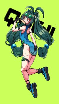 1girl absurdres alternate_costume android black_gloves blue_shoes breasts china_dress chinese_clothes commentary covering_own_mouth dress english_commentary eyewear_on_head folded_fan folding_fan from_side gloves green-tinted_eyewear green_background green_dress green_eyes green_hair hair_ornament hand_fan highres holding holding_fan long_hair looking_at_viewer looking_back mujib qingyi_(zenless_zone_zero) shoes sideboob small_breasts solo sphere_hair_ornament sunglasses thigh_strap tinted_eyewear twintails zenless_zone_zero