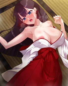 1girl black_hair blue_eyes breasts hakama japanese_clothes kimono kimono_pull kurasaki_aya large_breasts long_hair lying miko mole mole_under_eye nipples on_back original tatami tearing_up