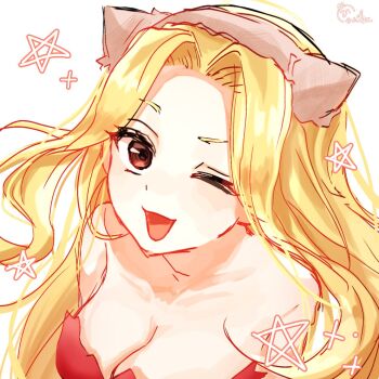 1girl ;d animal_ears bare_shoulders blonde_hair breasts brown_eyes cat_ears cleavage dr._stone eerika1114 fake_animal_ears hair_intakes highres hokutouzai_minami long_hair looking_at_viewer medium_breasts one_eye_closed open_mouth red_eyes smile solo star_(symbol) upper_body white_background