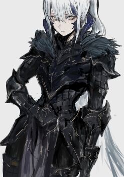 Rule 34 | 1girl, absurdres, armor, au ra, black armor, blue hair, character request, check character, check copyright, chuhaibane, closed mouth, commentary request, commission, copyright request, dragon horns, final fantasy, final fantasy xiv, gauntlets, highres, horns, long hair, multicolored hair, ponytail, sidelocks, skeb commission, solo, standing, streaked hair, two-tone hair, warrior of light (ff14), white hair, yellow eyes