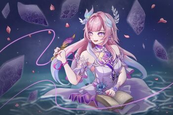 1girl aqua_hair book breasts commentary crystal_shards cyrene_(honkai:_star_rail) cyrene_(ripples_of_past_reverie)_(honkai:_star_rail) diamond-shaped_pupils diamond_(shape) dress english_commentary flower hair_flower hair_ornament highres holding holding_quill honkai:_star_rail honkai_(series) large_breasts multiple_girls open_book pink_hair pointy_ears purple_eyes quill skbestto smile solo symbol-shaped_pupils water white_dress white_hair