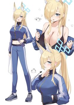 1girl absurdres animal_ear_fluff animal_ears bag black_bra blonde_hair blue_archive blue_eyes blue_track_suit bottle bra breasts commentary_request dog_ears hair_over_one_eye halo highres holding holding_bag holding_bottle inapple jacket kanna_(blue_archive) large_breasts long_hair pants partially_unzipped plastic_bag plastic_bottle shoes sneakers track_jacket track_pants track_suit underwear