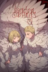 Rule 34 | 1boy, 1girl, :o, blonde hair, blush, body fur, brother and sister, centauroid, closed eyes, commentary request, cosplay, dungeon meshi, echo (circa), english text, falin touden, falin touden (chimera), falin touden (chimera) (cosplay), feathered wings, feathers, grin, laios touden, laios touden (chimera), looking at another, monster boy, monster girl, short hair, siblings, smile, taur, twitter username, white wings, wings, yellow eyes