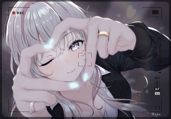 1girl absurdres battery_indicator blue_nails character_request commentary_request copyright_request four-finger_heart_hands glowing_nails grey_eyes grey_hair heart heart_hands highres hojumari jewelry light_smile long_hair long_sleeves looking_at_viewer one_eye_closed recording ring solo viewfinder