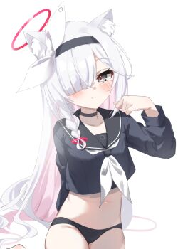 1girl animal_ears black_choker black_eyes black_hairband black_panties black_sailor_collar black_shirt blue_archive blush bow braid breasts cat_ears cat_girl cat_tail choker colored_inner_hair commentary_request cropped_shirt grey_hair hairband halo long_hair long_sleeves looking_at_viewer monyosato multicolored_hair navel neckerchief panties pink_hair plana_(blue_archive) red_halo red_pupils sailor_collar shirt simple_background sitting small_breasts solo tail underwear white_background white_bow white_neckerchief