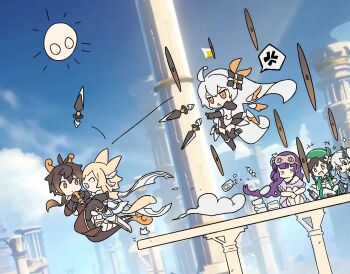 Rule 34 | 2boys, 4girls, alternate costume, animal ears, antenna hair, bare shoulders, biabiaji02, blonde hair, blue sky, blurry, blurry background, breasts, brown hair, brown suit, carrying, chibi, chibi only, chinese commentary, cleavage, closed eyes, closed mouth, cloud, cloudy sky, commentary request, couple, day, dragon horns, dragon tail, dress, floating, flower, formal clothes, genshin impact, gradient hair, hair between eyes, hair flower, hair ornament, happy, hat, hetero, highres, honkai (series), honkai impact 3rd, horns, in-franchise crossover, kiana kaslana, kiana kaslana (herrscher of the void), long hair, long sleeves, looking to the side, low ponytail, lumine (genshin impact), mihoyo, multicolored hair, multiple boys, multiple girls, nahida (genshin impact), nightgown, open mouth, outdoors, pajamas, pants, pillar, ponytail, princess carry, raiden shogun, rex lapis (genshin impact), scarf, shade, short hair, sitting, sky, sleeping, sleepy, suit, sun, tail, upper body, venti (genshin impact), wavy hair, weapon, white dress, white flower, white hair, wide-eyed, yellow eyes, zhongli (genshin impact)